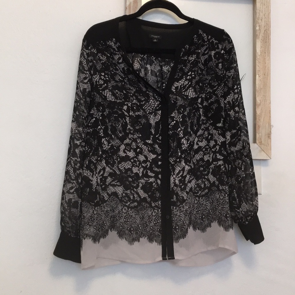 Ann Taylor lace print Sheer blouse sz m